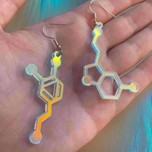 New Seratonin Dopamine Chemical Molecule Iridescent Dangle Earrings Goth Rave - Picture 3 of 3